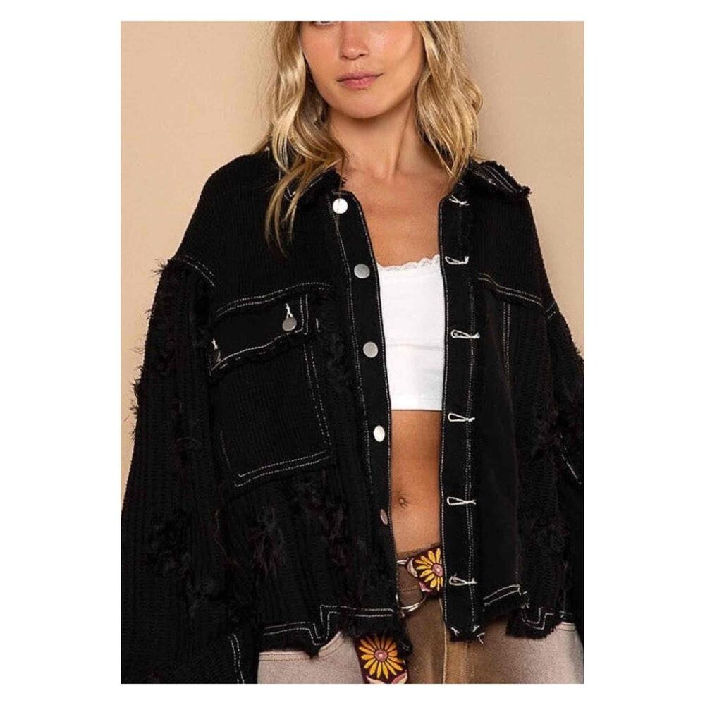 NWT POL Black Funky Distressed Oversized Denim Thermal Shacket Size S